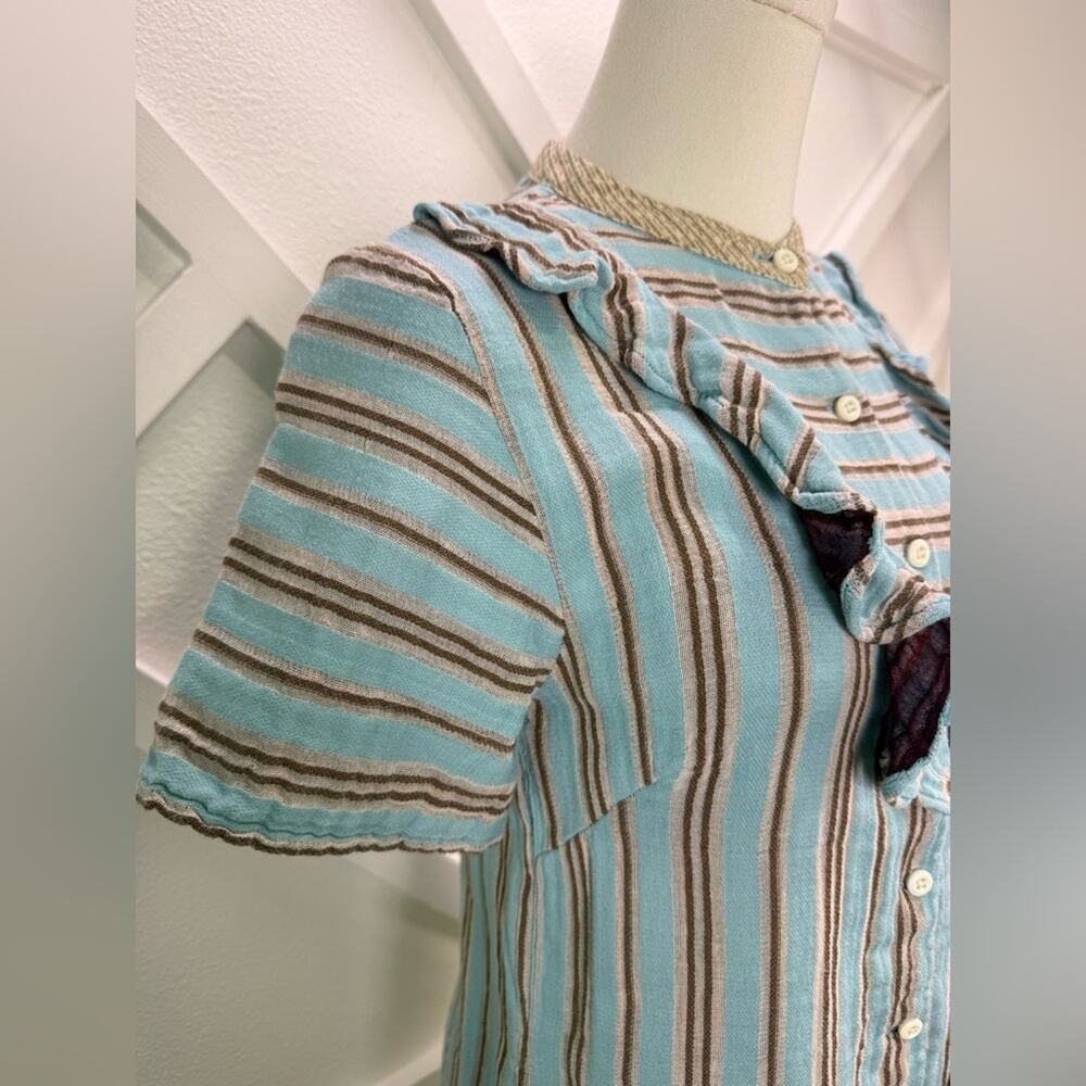 Ace & Jig Gauze Cotton Ruffle Blouse Striped Blue Brown Button Front Size XS - Picture 3 of 9